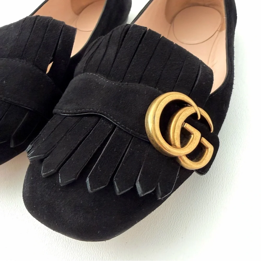 GUCCI | Marmont GG Fringe Suede Ballet Flats Black Gold Logo Size 37
